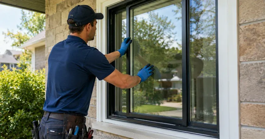 technician measuring a broken window pane for replacement in Newcastle