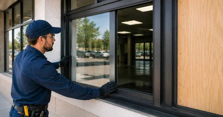 technician boarding a broken window after a break-in in Monroe & North Street Corridor, Newcastle