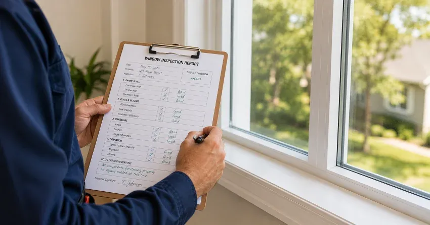 technician inspecting window seal and frame in Newcastle