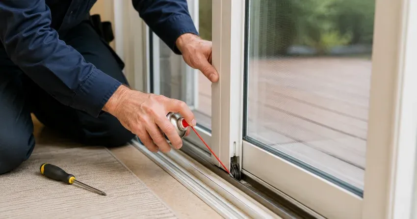 technician inspecting door hinge hardware and alignment in North Village, Newcastle