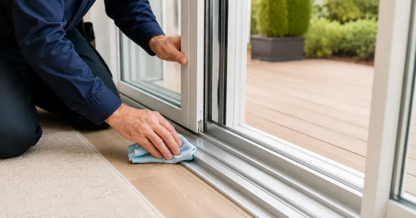 technician inspecting a sliding patio door track in Newcastle