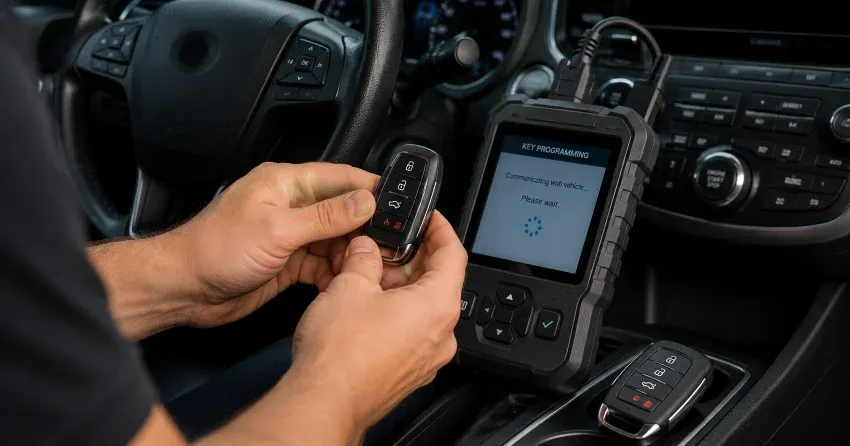 technician inspecting a worn car key before replacement in Newcastle