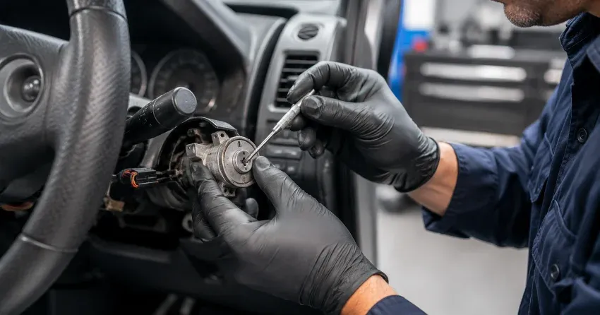 technician diagnosing an ignition lock repair issue in North Village, Newcastle