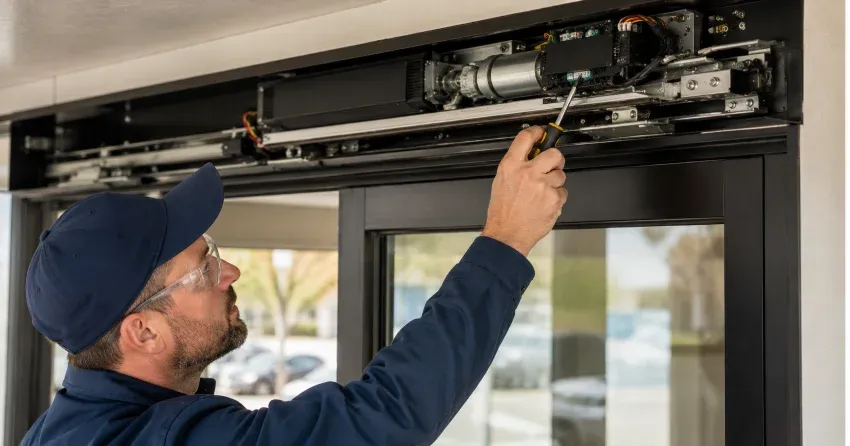 technician completing automatic door repair on residential property in Downtown Core, Newcastle