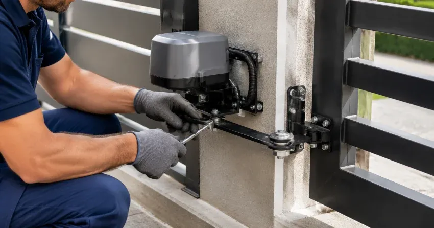 technician diagnosing automatic gate motor and control panel in Newcastle