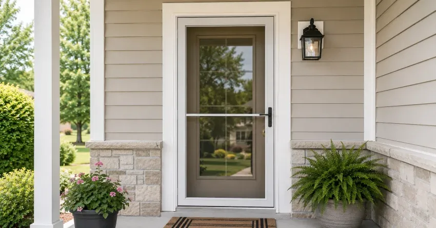 technician hanging storm door square and plumb in Monroe & North Street Corridor, Newcastle