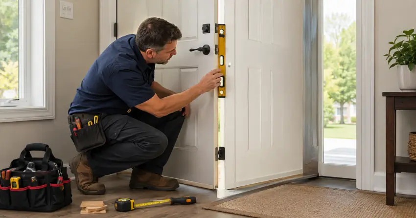 technician diagnosing a misaligned door frame in Newcastle