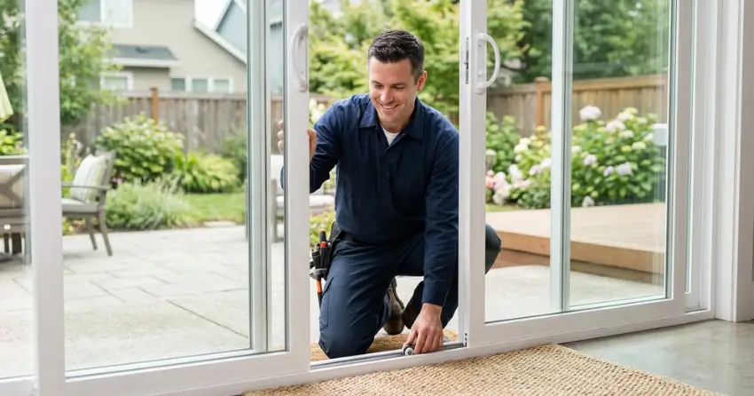 technician diagnosing a sticking patio door in Monroe & North Street Corridor, Newcastle