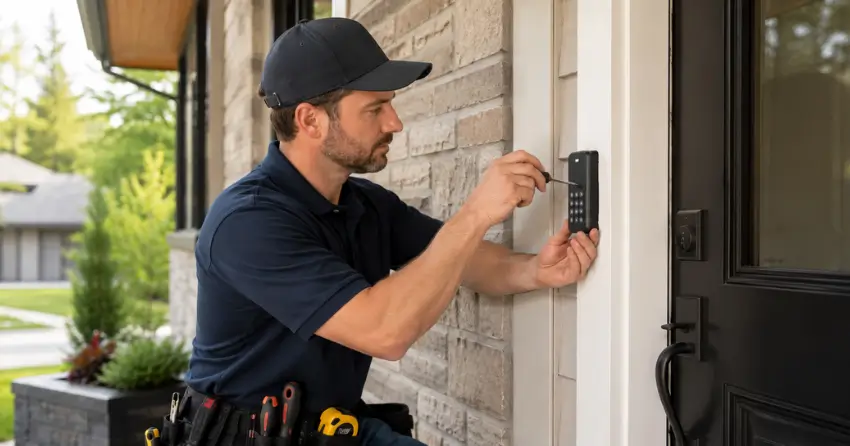 Technician installing an access control system keypad beside a residential front door in Community Complex, Newcastle