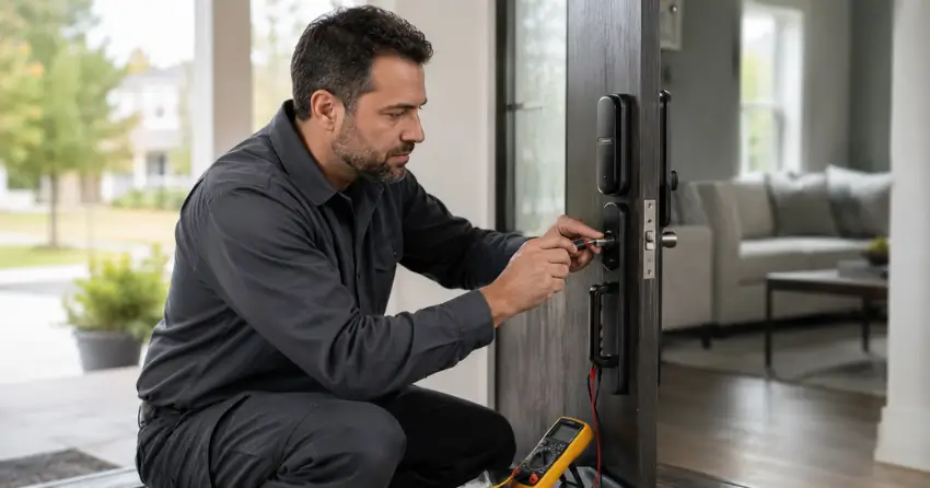 technician diagnosing automatic door lock mechanism on residential door in Newcastle