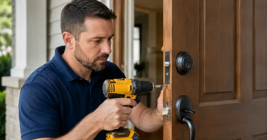 technician installing a new deadbolt during Change Door Lock Newcastle service