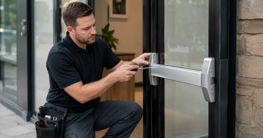 commercial locksmith repairing exit device on storefront door Newcastle