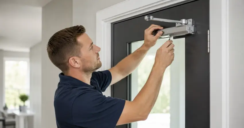 technician adjusting door closer hydraulic valve in Downtown Core, Newcastle home