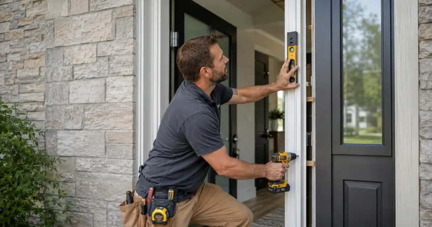 technician installing a new exterior door frame in Newcastle