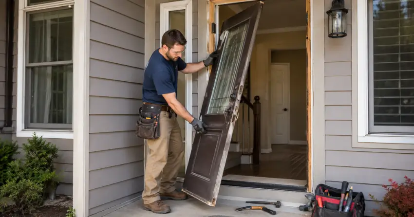 old exterior door being removed for replacement in Newcastle