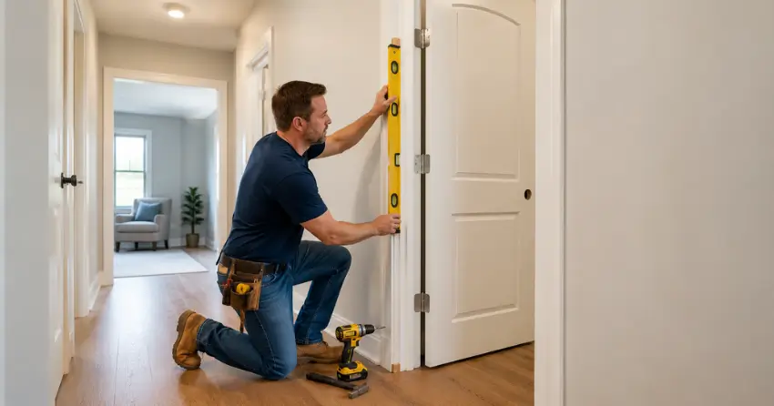 technician installing a pre-hung interior door in a home hallway Newcastle