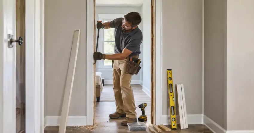 technician removing an old interior door frame during installation Newcastle