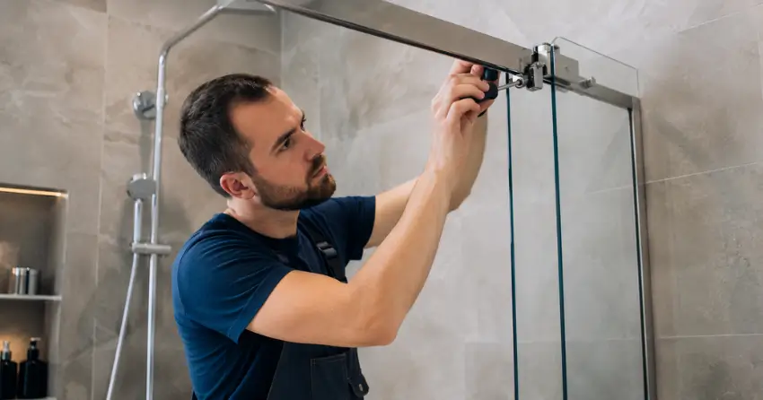 technician adjusting shower door hinge and track in Newcastle