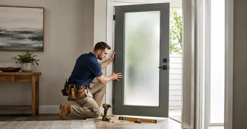 glass panel door installation with frosted privacy glass in residential setting in Newcastle