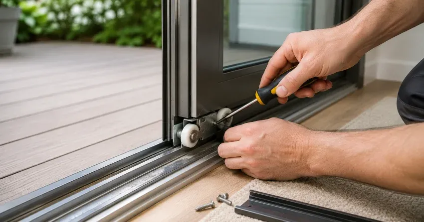 sliding door fix Monroe & North Street Corridor, Newcastle technician diagnosing track issue