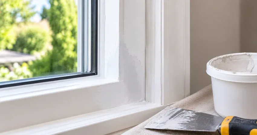 technician repairing rotted window frame corner in Downtown Core, Newcastle