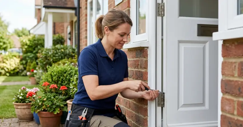 technician repairing exterior door hinge and frame in North Village, Newcastle
