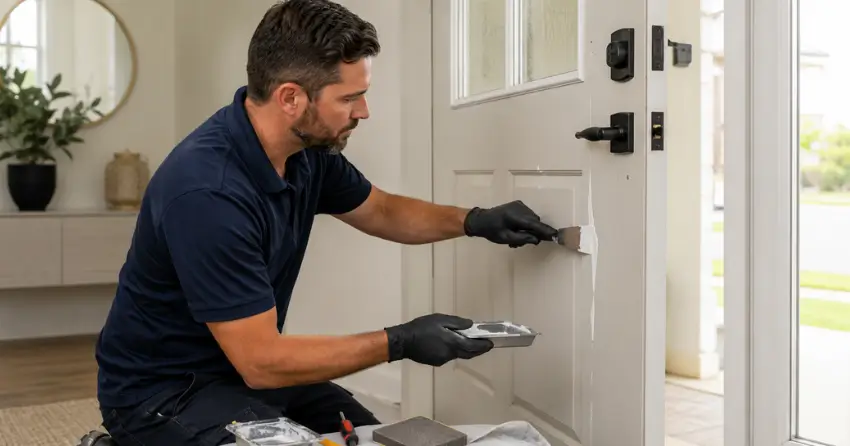 technician repairing fiberglass door surface crack in North Village, Newcastle