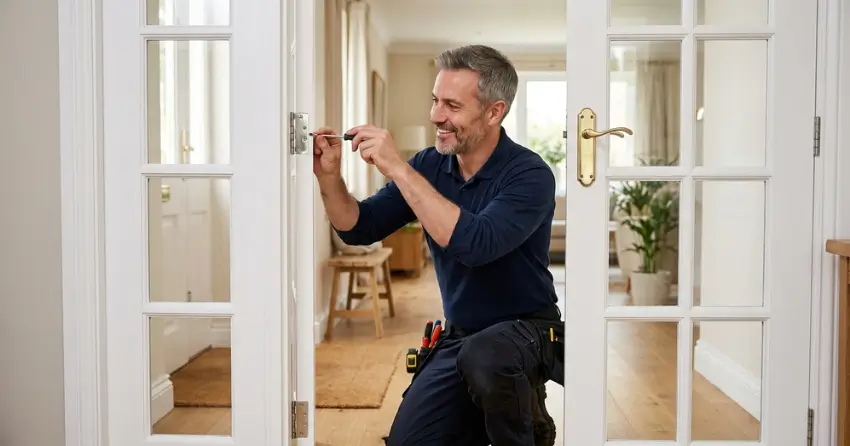 technician adjusting French door hinge for proper alignment in Monroe & North Street Corridor, Newcastle