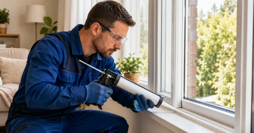 technician repairing window seal and frame in Newcastle