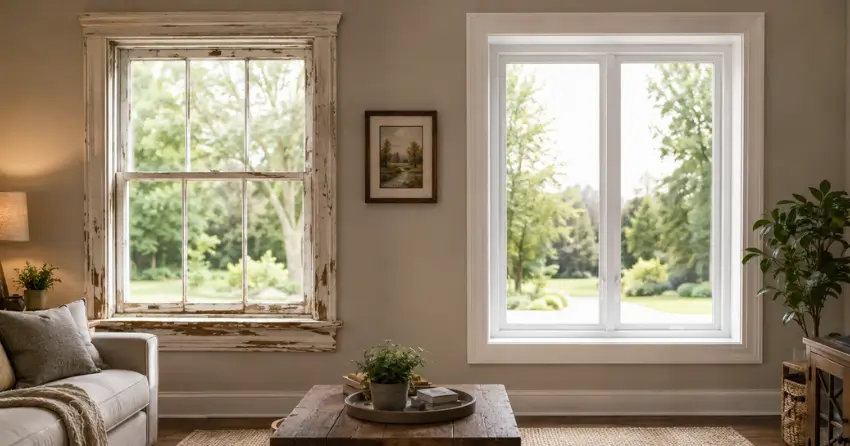 side by side comparison of old and new window in Newcastle