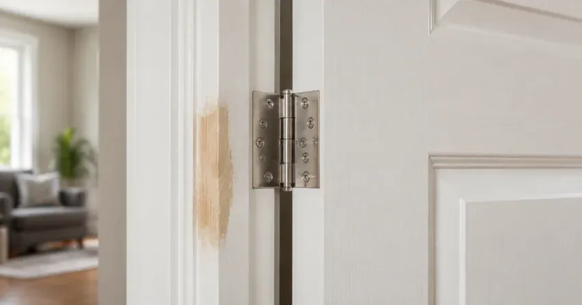 technician checking a warped door against a straightedge in Newcastle