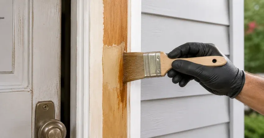 technician probing rotted wood on a door frame in Newcastle