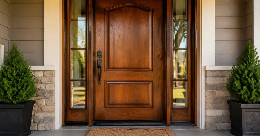 wood door mid-restoration showing stripped bare wood in Community Complex, Newcastle
