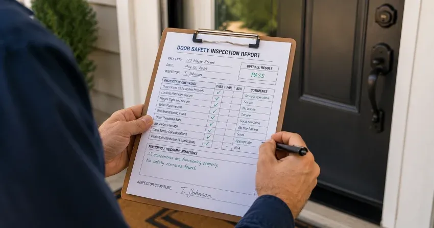 inspector checking strike plate and door frame during safety inspection in Newcastle