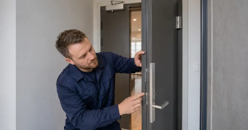 technician inspecting fire-rated door seal and hardware in Lakeshore, Newcastle