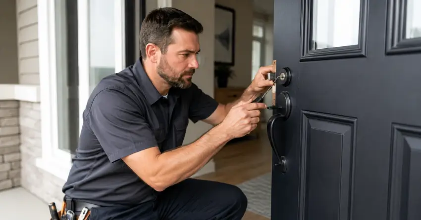 licensed locksmith technician working on residential deadbolt in Newcastle